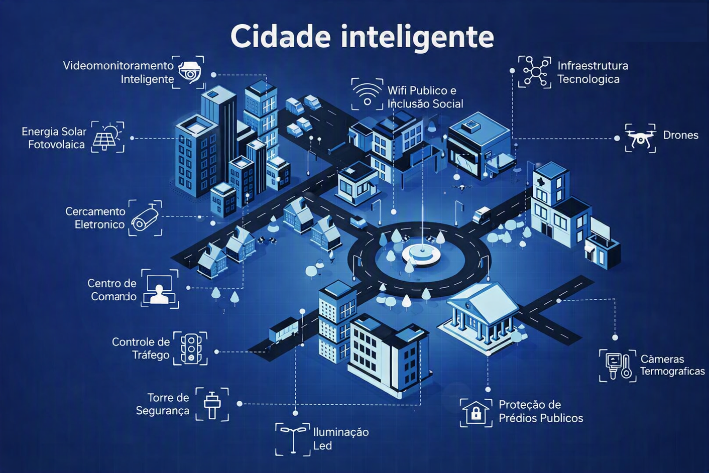 Mapa de soluções para cidade inteligente: câmeras, energia, centro de comando, tráfego, iluminação, drones e conectividade