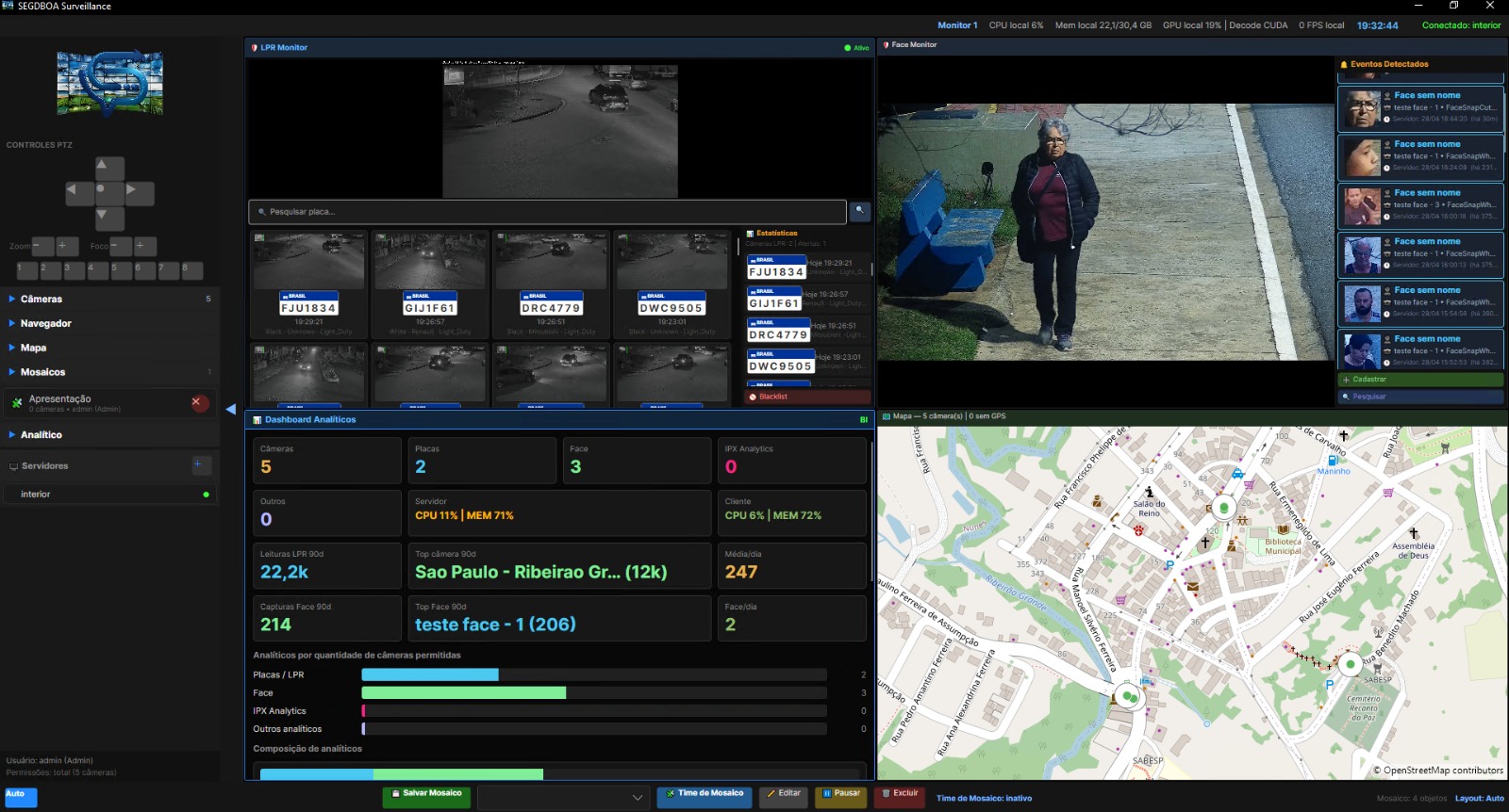 Interface do software SEGDBOA Surveillance com câmeras, leitura de placas, reconhecimento facial, mapa e indicadores